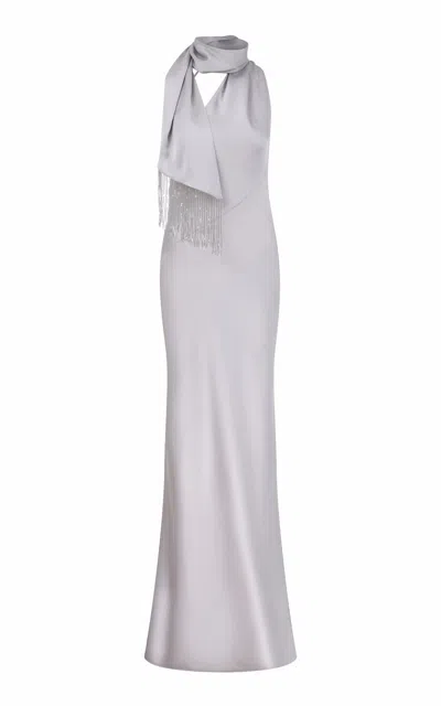 Ila Brice Asymmetric Scarf-detailed Satin Maxi Dress In Silver