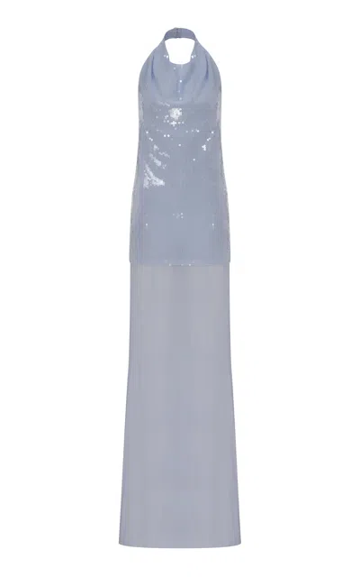 Ila Gabriella Sequined Chiffon-paneled Maxi Dress In Blue