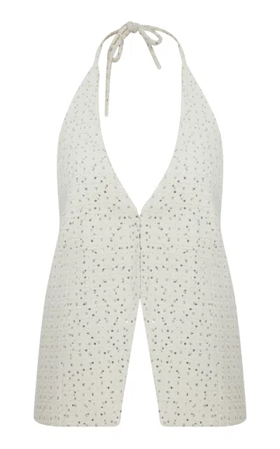 Ila Joie Open Back Embellished Denim Vest In Off-white