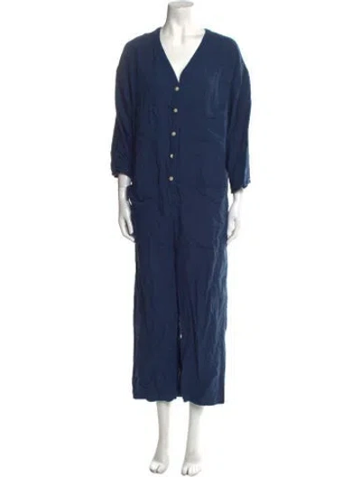 Pre-owned Ilana Kohn Linen V-neck Jumpsuit In Blue
