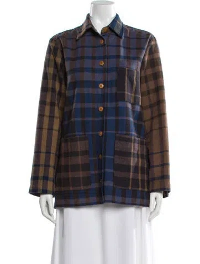 Pre-owned Ilana Kohn Plaid Print Long Sleeve Top In Blue