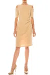 Ile Clothing Side Pleat Cold Shoulder Sheath Dress In Champagne