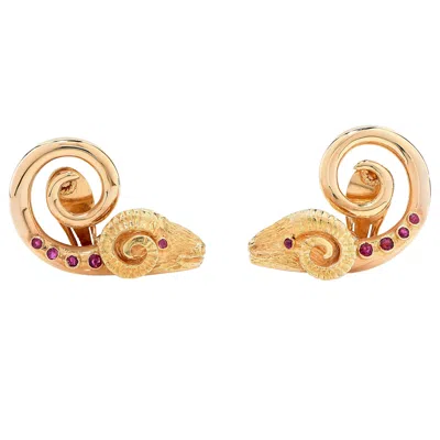 Pre-owned Ilias Lalaounis 1960s Lalaounis Ruby Gold Ram's Head Ear Clips In Multi