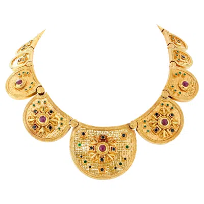 Pre-owned Ilias Lalaounis Etruscan Necklace With Rubies, Sapphires And Emeralds 18 Karat In Multi