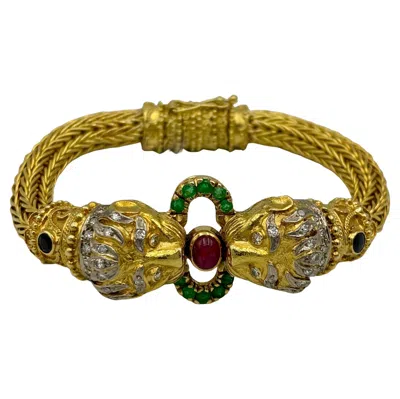 Pre-owned Ilias Lalaounis Lalaounis 18k Gold Lion's Head Bangle With Diamonds, Rubies, Emeralds, Sapphires In Multi