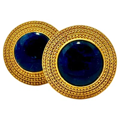 Pre-owned Ilias Lalaounis Lalaounis 18k Yellow Gold Round Clip-on Earrings With Navy Blue Sodalite Centers