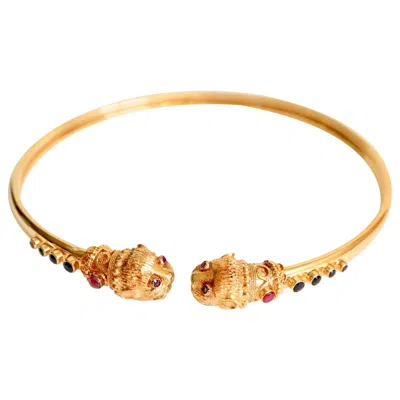 Pre-owned Ilias Lalaounis Lalaounis Necklace 18 Kt Yellow Gold Sapphires Rubies Lion Heads Necklace