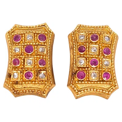 Pre-owned Ilias Lalaounis Lalaounis Ruby Diamond Gold Ear Clips In Multi