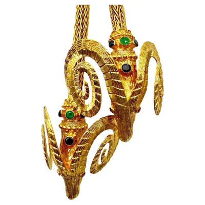 Pre-owned Ilias Lalaounis Monumental Scale Lalaounis 18k Gold Double Rams Head Necklace 38 Inches Long In Multi