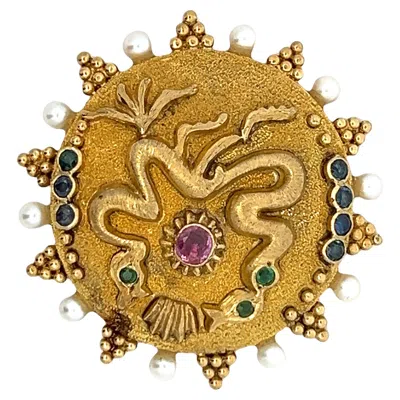 Pre-owned Ilias Lalaounis Signed  Greek 18k Gold Gemstone & Pearl Brooch, Circa 1960s–1970 In Multi