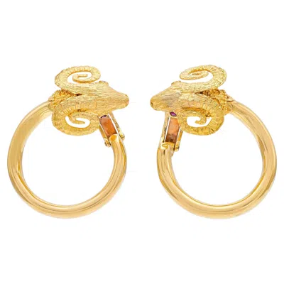 Pre-owned Ilias Lalaounis Vintage 1960s Lalaounis Goat Head Hoop Earrings With Rubies In Multi