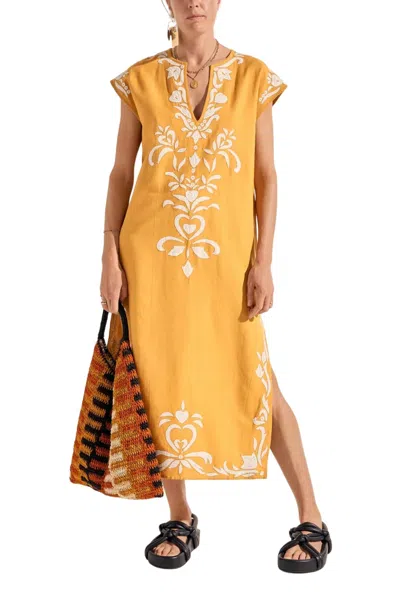 Ilio Nema Phones Caftan Dress In Golden Yellow Appliqué In Multi