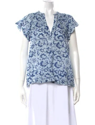 Pre-owned Ilio Nema Printed V-neck Top In Blue