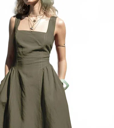 Illa Illa Linen Contrast Stitch Midi Dress In Olive In Green