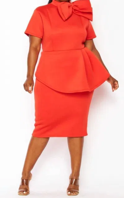 Illord Scuba Peplum Dress In Red Orange
