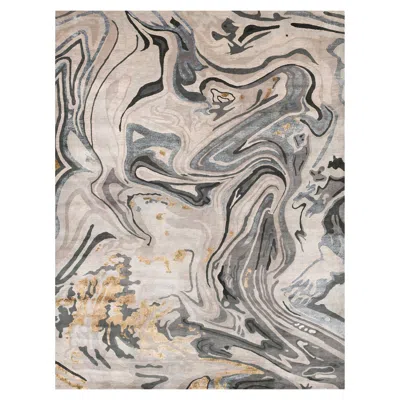 Pre-owned Illulian 21st Century Carpet Rug Dash In Himalayan Wool And Silk Beige, White, Grey, Gold In Gray