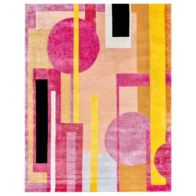 Pre-owned Illulian 21st Century Carpet Rug Deko In Himalayan Wool And Silk Pink, Orange, Yellow