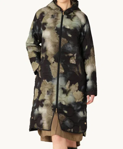 Ilse Jacobsen Long Quilt Jacket With Hood In Moss Print In Black