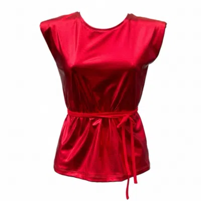 Imaatu Women's Bowie Glam Red T-shirt – Premium Metallic Faux Leather With Shoulder Pads