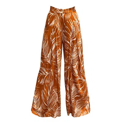 Imaatu Women's Brown / Orange / White Sande Palms Rust Sustainable Viscose  Pants – High-waist Wide-leg Pal