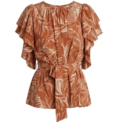 Imaatu Women's Brown / White / Orange Butterfly Blouse Palms Rust Sustainable Viscose One Size Ruffle Sleev In Multi