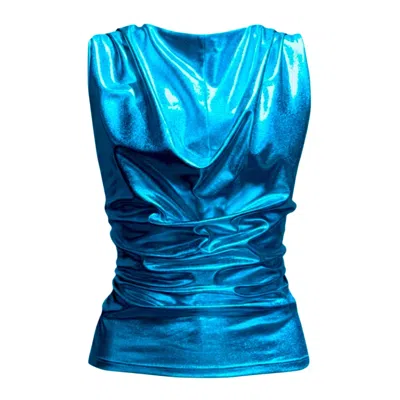 Imaatu Women's Onu Glam Blue Top – Metallic Faux Leather & Sculpting Draping