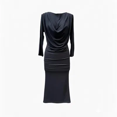 Imaatu Women's Oshun Midi Black Dress - Sculpting Elastic Viscose Midi With Draped Neckline Sleeves