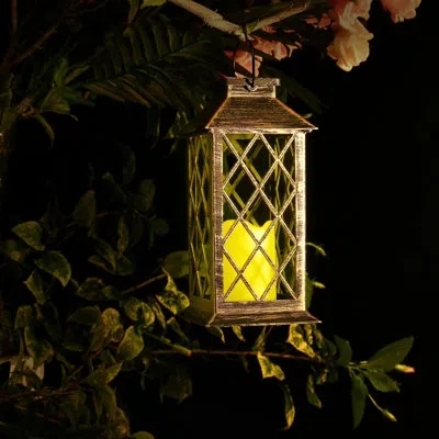 Image 10.6" Solar Powered Integrated Led Outdoor Lantern With Electric Candle In Amber Yellow