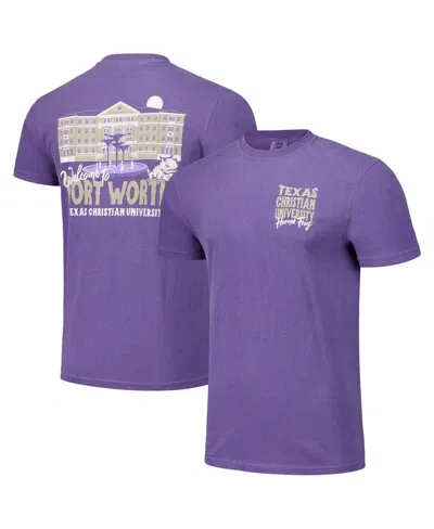 IMAGE ONE MEN'S AND WOMEN'S PURPLE TCU HORNED FROGS HYPER LOCAL WELCOME TO CAMPUS T-SHIRT