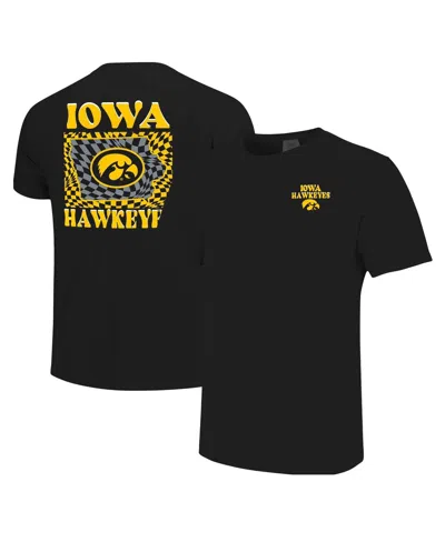 IMAGE ONE WOMEN'S BLACK IOWA HAWKEYES COMFORT COLORS CHECKERED MASCOT T-SHIRT