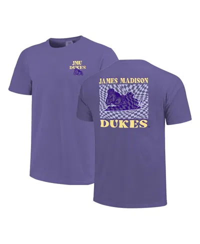 Image One Women's Purple James Madison Dukes Comfort Colors Checkered Mascot T-shirt