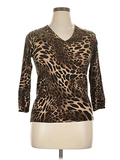 Pre-owned Iman 3/4 Sleeve Top Brown Animal Print Pattern V-neck Tops