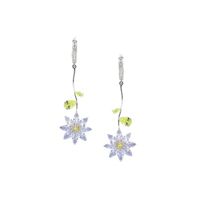 I'mmany London Women's Pink / Purple Garden Tales Crystal Daisy Drop Earring With Pave Hoops, Lilac In Multi