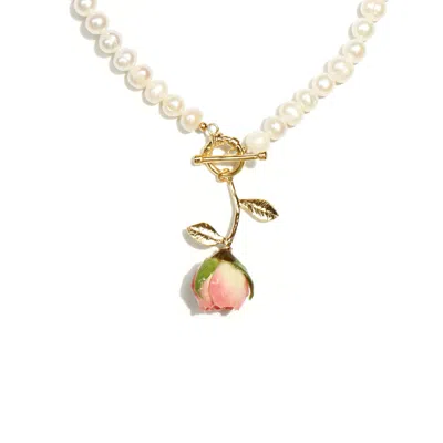 I'mmany London Women's Pink Real Flower Bella Rosa Rosebud & Freshwater Pearl Necklace
