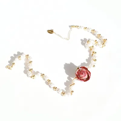 I'mmany London Women's Purple Real Flower Bella Rosa Braided Freshwater Pearl Choker Necklace With Pink Rose