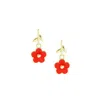I'mmany London Women's Red Flower Power Drop Earrings With Enamel Flower And Gold Vermeil Leaves In Red