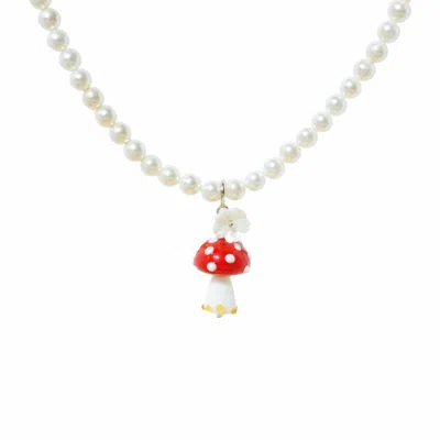 I'mmany London Women's Red Into The Woods Pearl Necklace With Detachable Glass Mushroom Charm