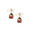 I'mmany London Women's Red Real Flower Grande Amore Rosebud Drop Earrings With Bow Studs In Red