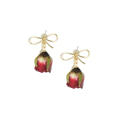 I'mmany London Women's Red Real Flower Grande Amore Rosebud Drop Earrings With Bow Studs