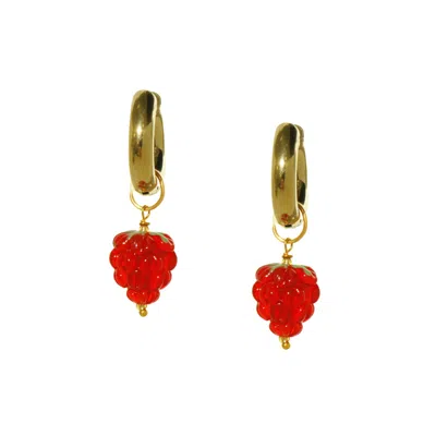 I'mmany London Women's Red Very Berry Chunky Golden Hoop Earrings With Lampwork Glass Raspberry Fruit