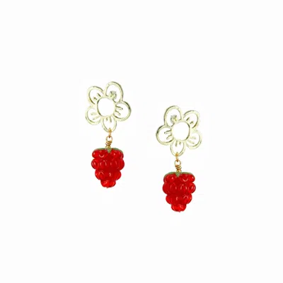 I'mmany London Women's Red Very Berry Lampwork Glass Raspberry Drop Earrings With Flower Studs