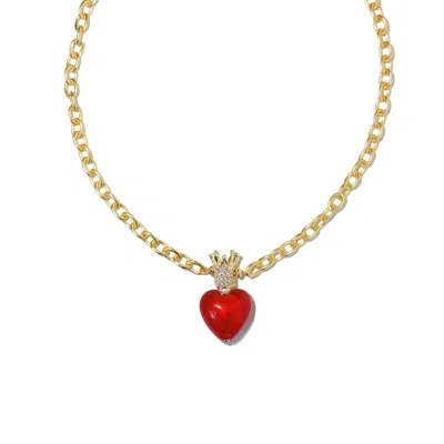 I'mmany London Women's Red Whisper Of Heart Chunky Golden Chain Necklace With Crystal Embellished Crown And Glass H