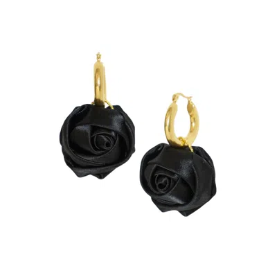 I'mmany London Women's Regal Reverie Satin Rose And Chunky Golden Hoop Earrings, Black