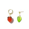 I'mmany London Women's Strawberry Huggie Hoop & Leaf Stud Mismatched Earrings In Red