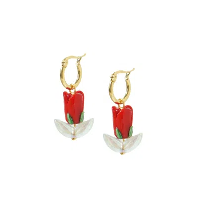 I'mmany London Women's Sunday Market Glass Tulip Earrings With Detachable Golden Hoops - Red