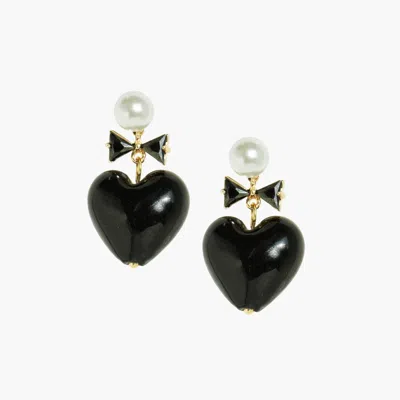 I'mmany London Women's Whisper Of Heart Glass Heart Drop Earrings With Pearl Studs And Crystal Bow, Black Opaque