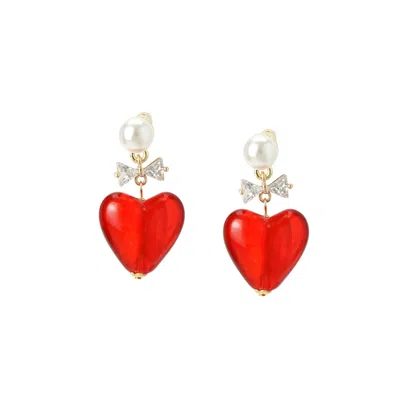 I'mmany London Women's Whisper Of Heart Lampwork Glass Heart Drop Earrings With Pearl Studs, Red