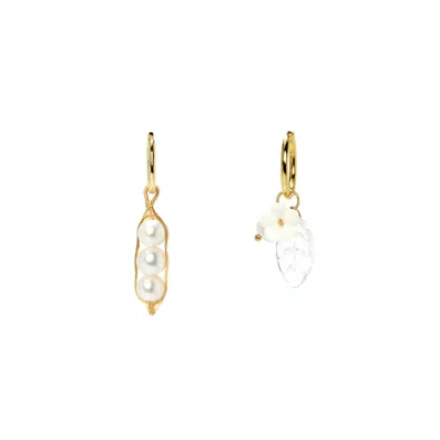 I'mmany London Women's White Garden Peas & Hoop Drop Asymmetrical Earrings Freshwater Pearl