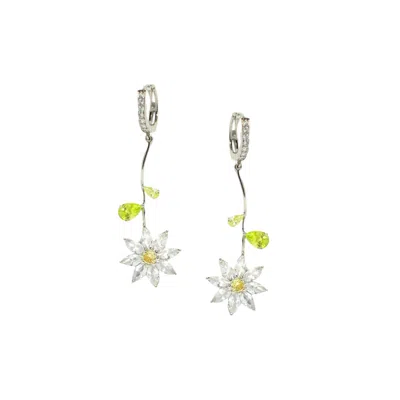 I'mmany London Women's White Garden Tales Crystal Daisy Drop Earring With Pave Hoops - Clear