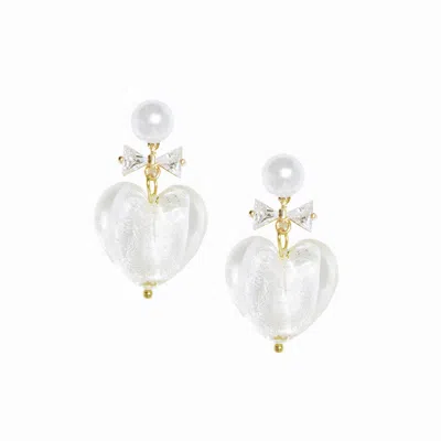 I'mmany London Women's White Whisper Of Heart Lampwork Glass Heart Drop Earrings With Pearl Studs And Crystal Bow, 